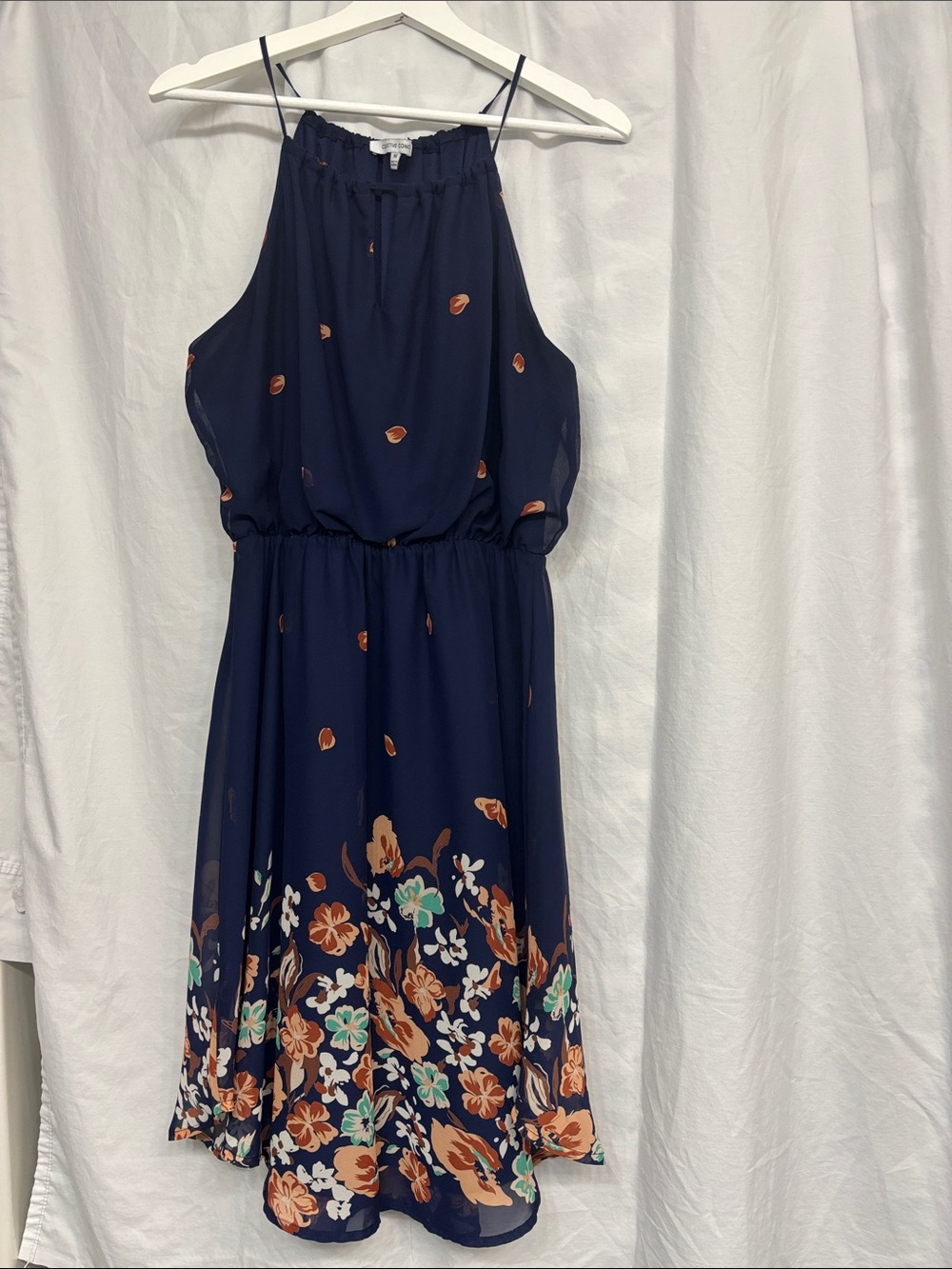 Collective Concepts Navy Halter Dress with Peach Floral Accents